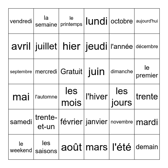 Le calendrier en français Bingo Card