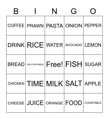 Countable and Uncountable Nouns Bingo Card