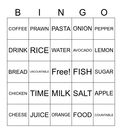 Countable and Uncountable Nouns Bingo Card