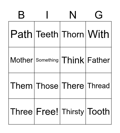 'Th' Words Bingo Card