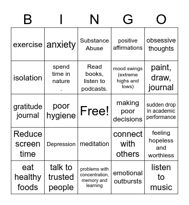 Healthy and Poor Mental Health Bingo Card