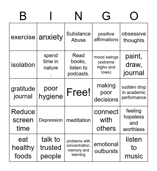 Healthy and Poor Mental Health Bingo Card