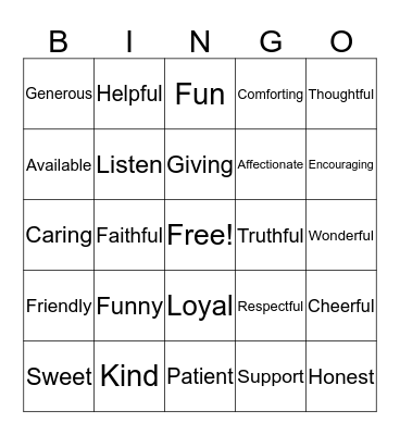 Friendship Bingo Card
