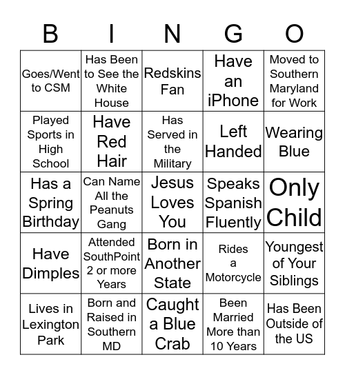 SouthPoint Human Bingo Card