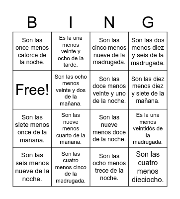 La Hora - mixed # 2--Spanish- English Bingo Card