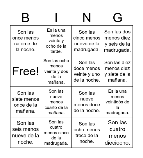 La Hora - mixed # 2--Spanish- English Bingo Card