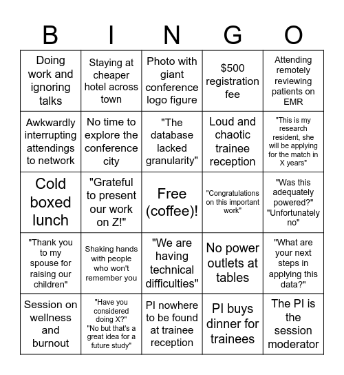 Medical Conference Bingo Card