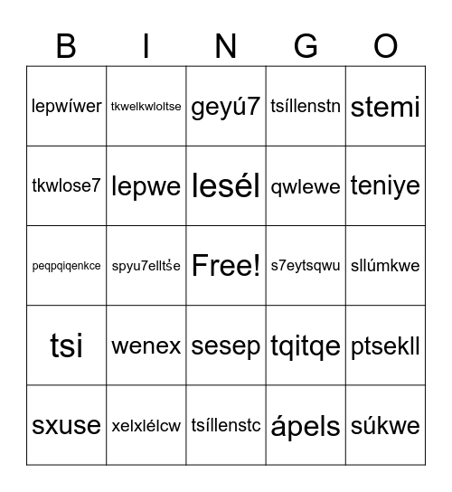 Secwepemc Foods Bingo Card