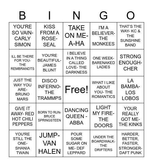 FIDDLERS JUKEBOX Bingo Card