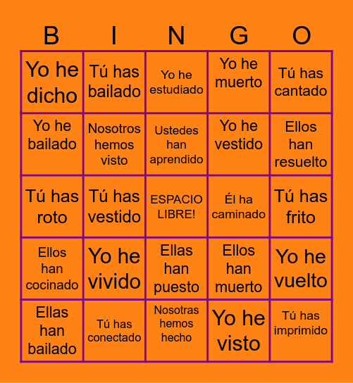 Presente Perfecto Bingo Card