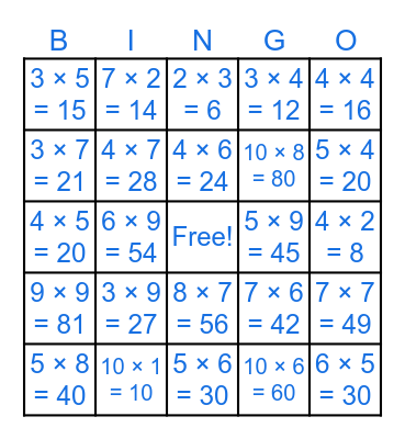 Multiplication Facts Bingo Card