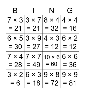 Multiplication Bingo Card