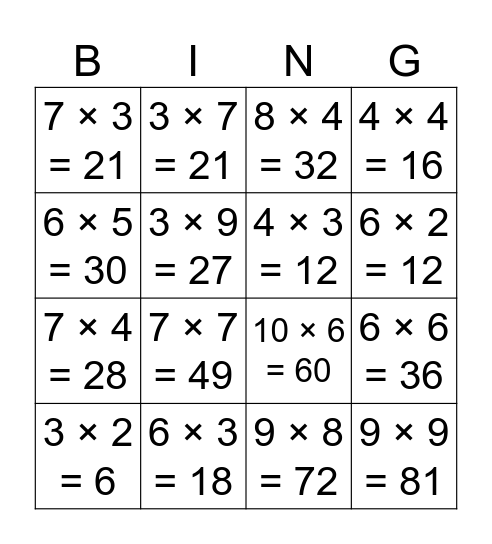 Multiplication Bingo Card