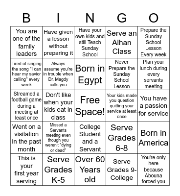 Servants Bingo Card