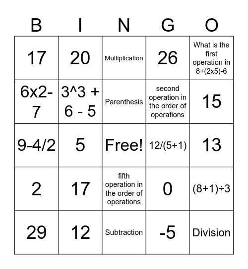 Order of Operations Bingo Card