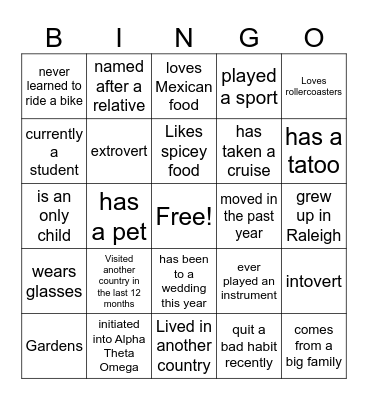 GenNext Getting to Know you Bingo Card