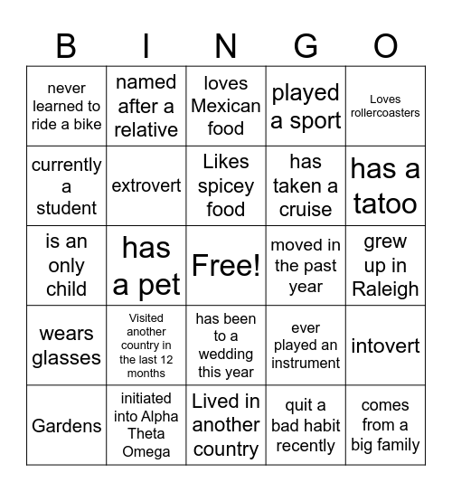 GenNext Getting to Know you Bingo Card