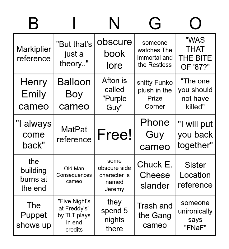 Filme FNaF Bingo Card