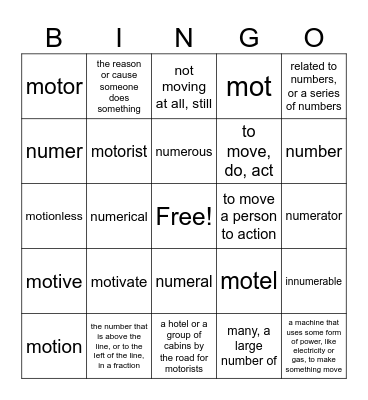 Vocab Lesson 2 Bingo Card