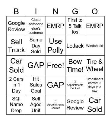 Car Sales Bingo! Bingo Card