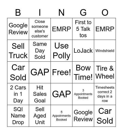 Car Sales Bingo! Bingo Card