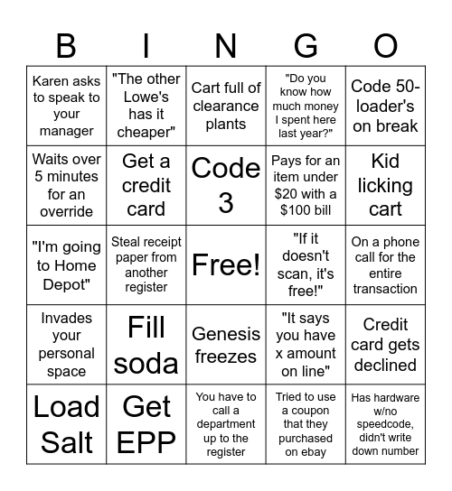 Lowe's Cashier Bingo Card