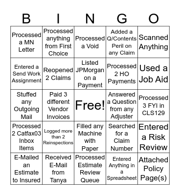 All in a Day's Work Bingo Card