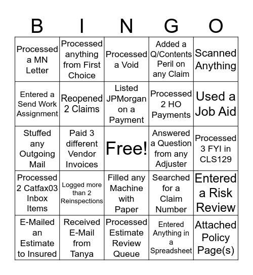 All in a Day's Work Bingo Card