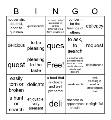 Vocab Lesson 3 Bingo Card