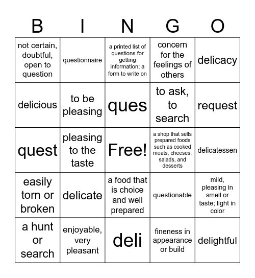 Vocab Lesson 3 Bingo Card