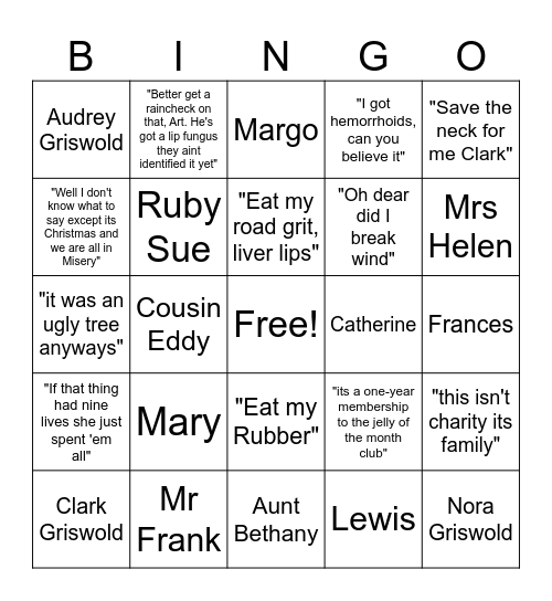 National Lampoons Christmas Vacation Bingo Card