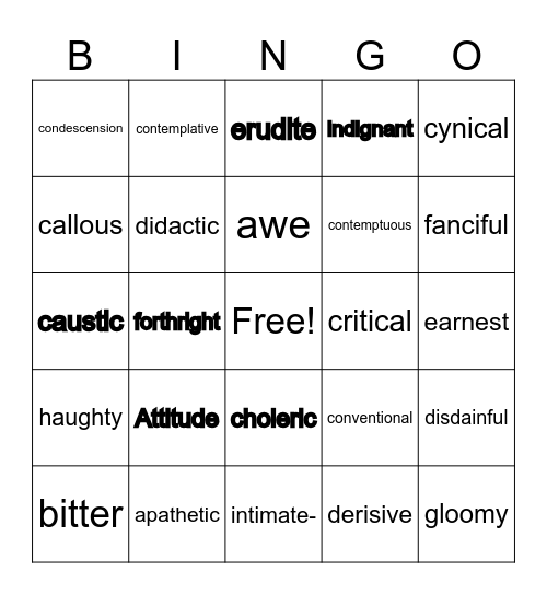 Tone/attitude words Bingo Card