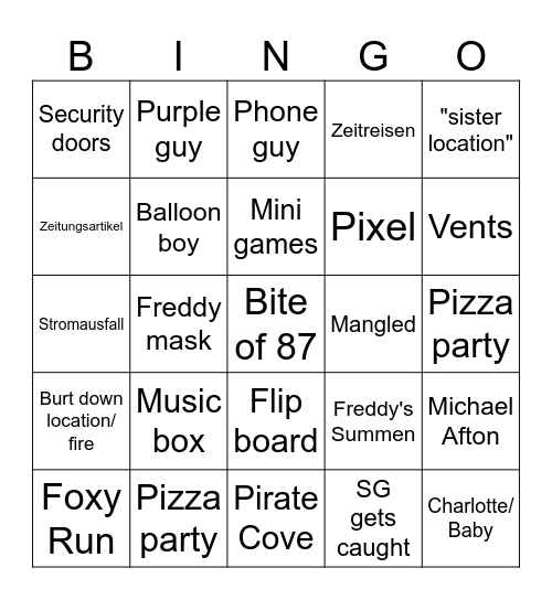 Fnaf Bingo Card