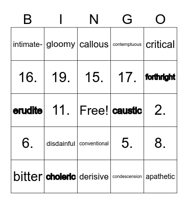 Tone/attitude words Bingo Card