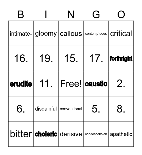 Tone/attitude words Bingo Card