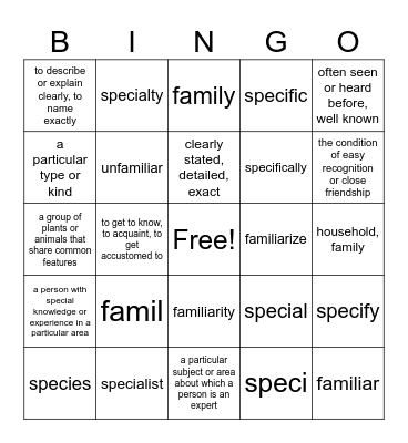 Vocab lesson 9 Bingo Card