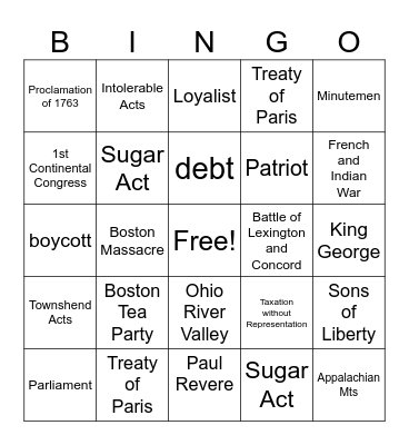 Unit 2 : Road to Revolution Bingo Card