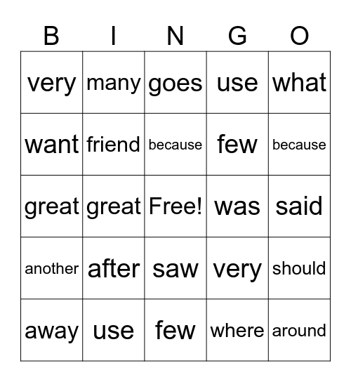 2nd Red Word Bingo Card