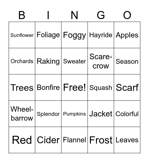 2nd Grade Autumn BINGO Card