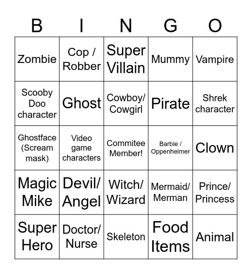 Halloween Costume Bingo Card Bingo Card