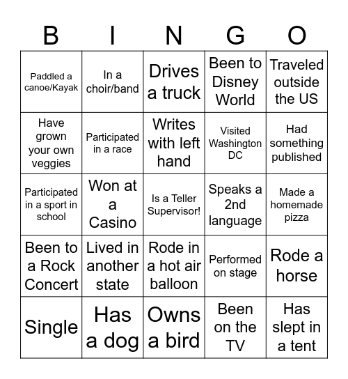 Teller Supervisors Bingo Card