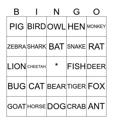 ANIMALS Bingo Card