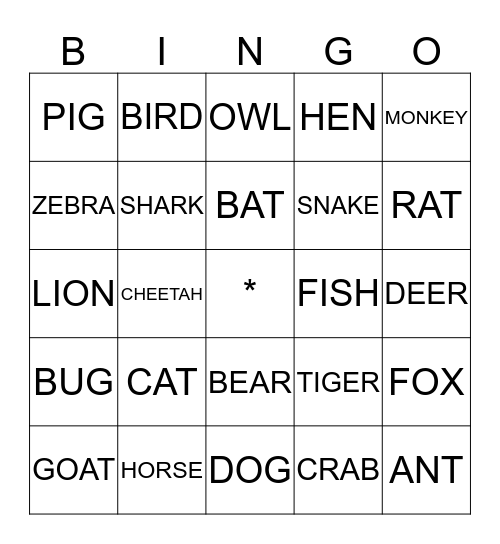 ANIMALS Bingo Card