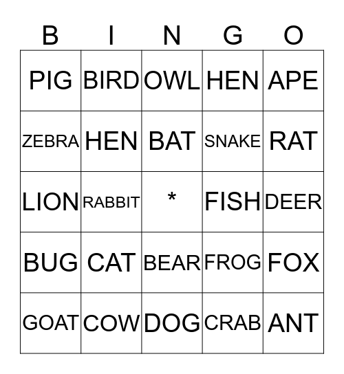 ANIMALS Bingo Card