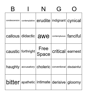 Tone/Attitude Words Bingo Card