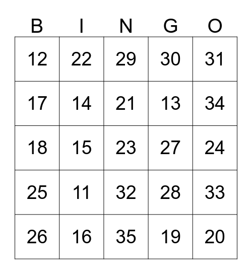 NUMBERS Bingo Card