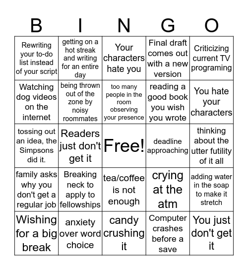 Undiscovered Writer Bingo Card