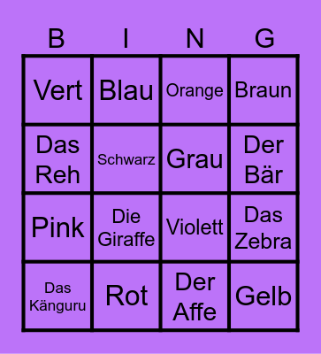 Color and Animal German Bingo Card