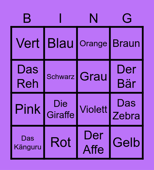 Color and Animal German Bingo Card