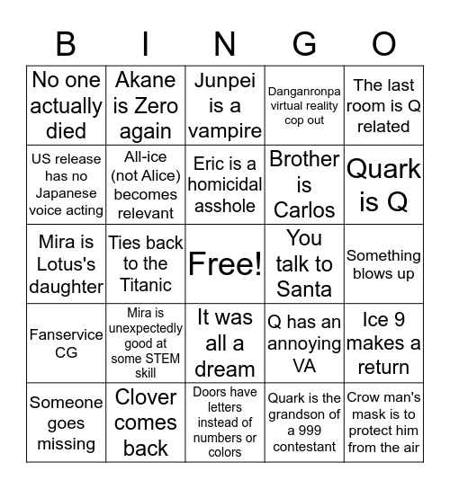 Zero Time Bingo Card